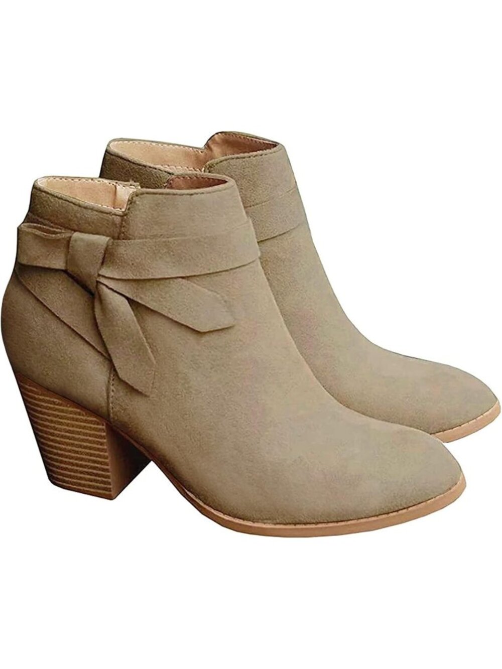 Women's Khaki Tie Knot Closed Toe Stacked Heel Chelsea Pump Ankle Boots